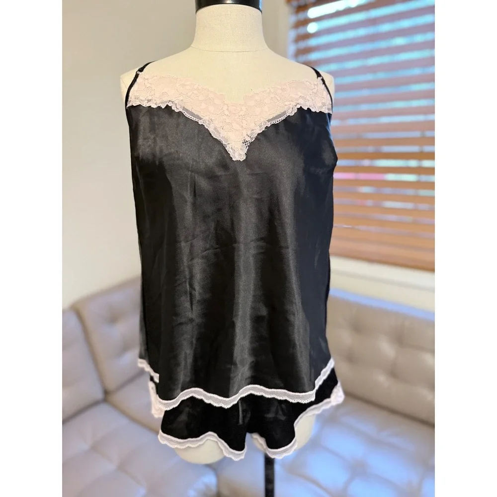 Victoria's Secret Satin Lace Cami and Shorts Pajama Set Black Large 11052199